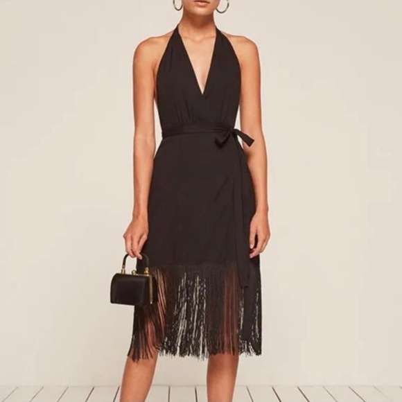 Reformation Saffron Black Plunge Halter Midi Fringe Dress LRG (runs small) NEW - Picture 1 of 15